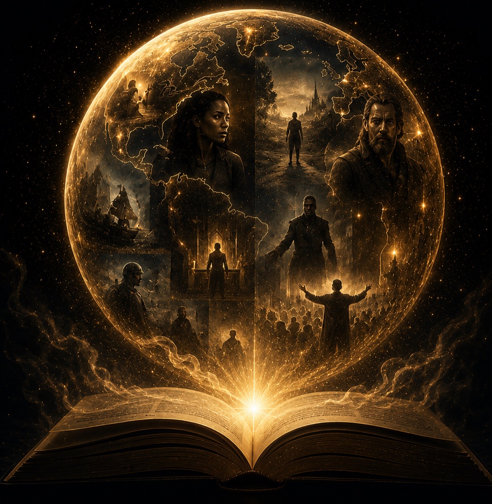 A storyworld blooming from an open book — worlds, characters, and timelines within a golden globe.